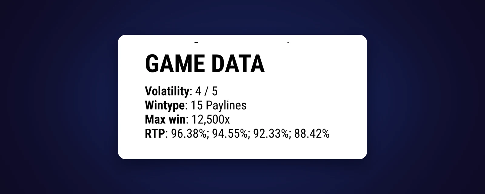 Game data from the official Hacksaw Gaming page for Wanted Dead or a Wild: volatility 4 / 5, 15 paylines, max win 12,500x and RTP 96.38%, 94.55%, 92.33% or 88.42%