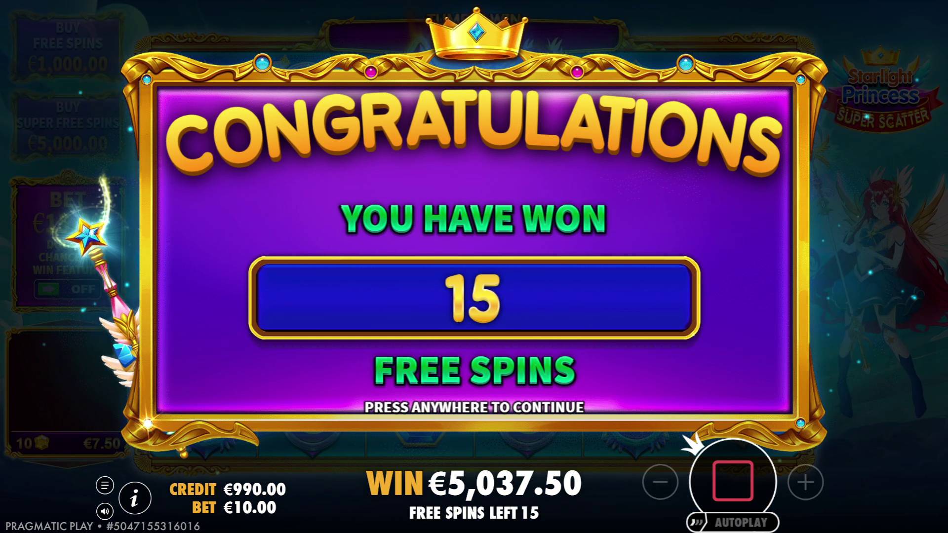 Starlight Princess - Free spins 15